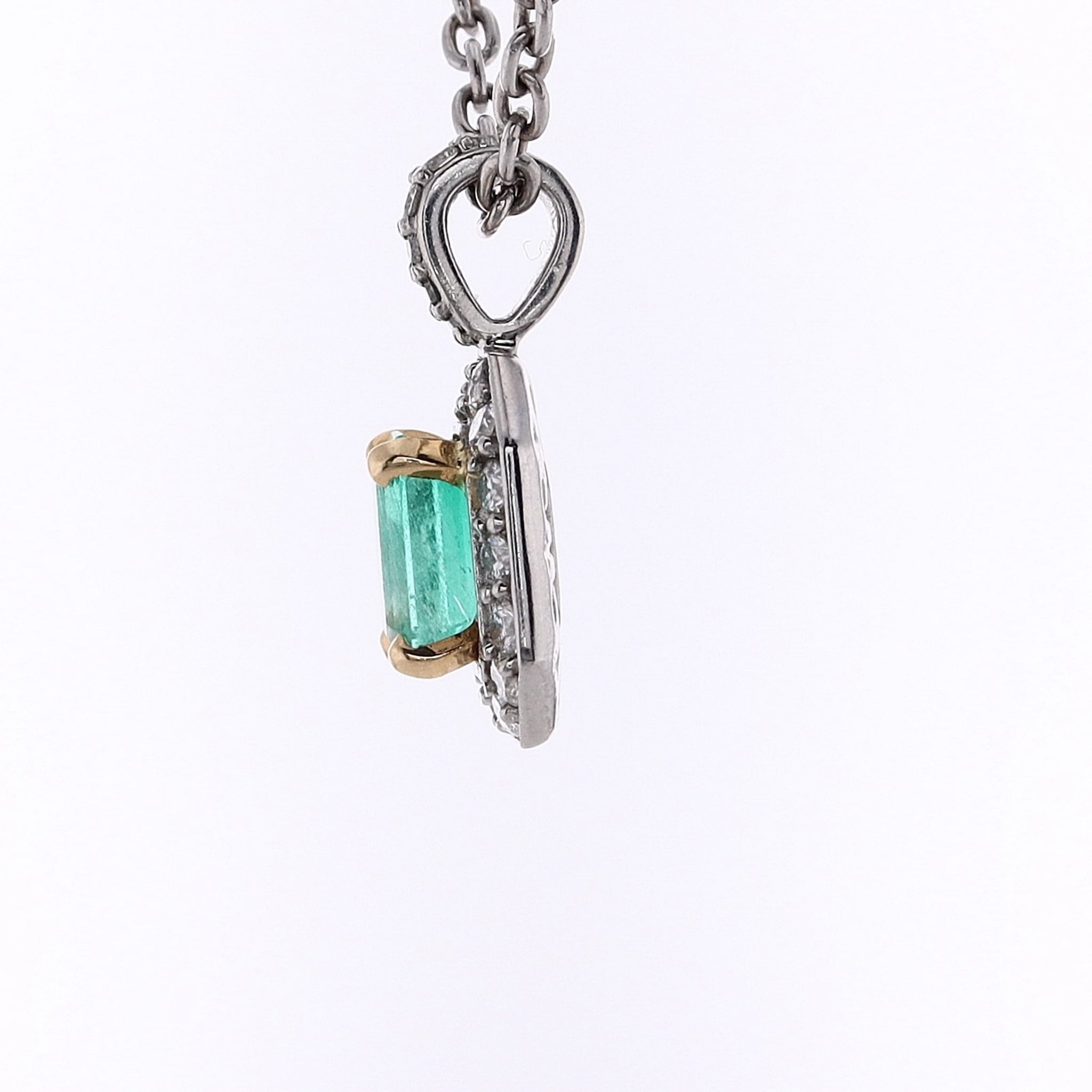 Estate Platinum 17 Emerald and Diamond Halo Design Pendant Necklace for Women