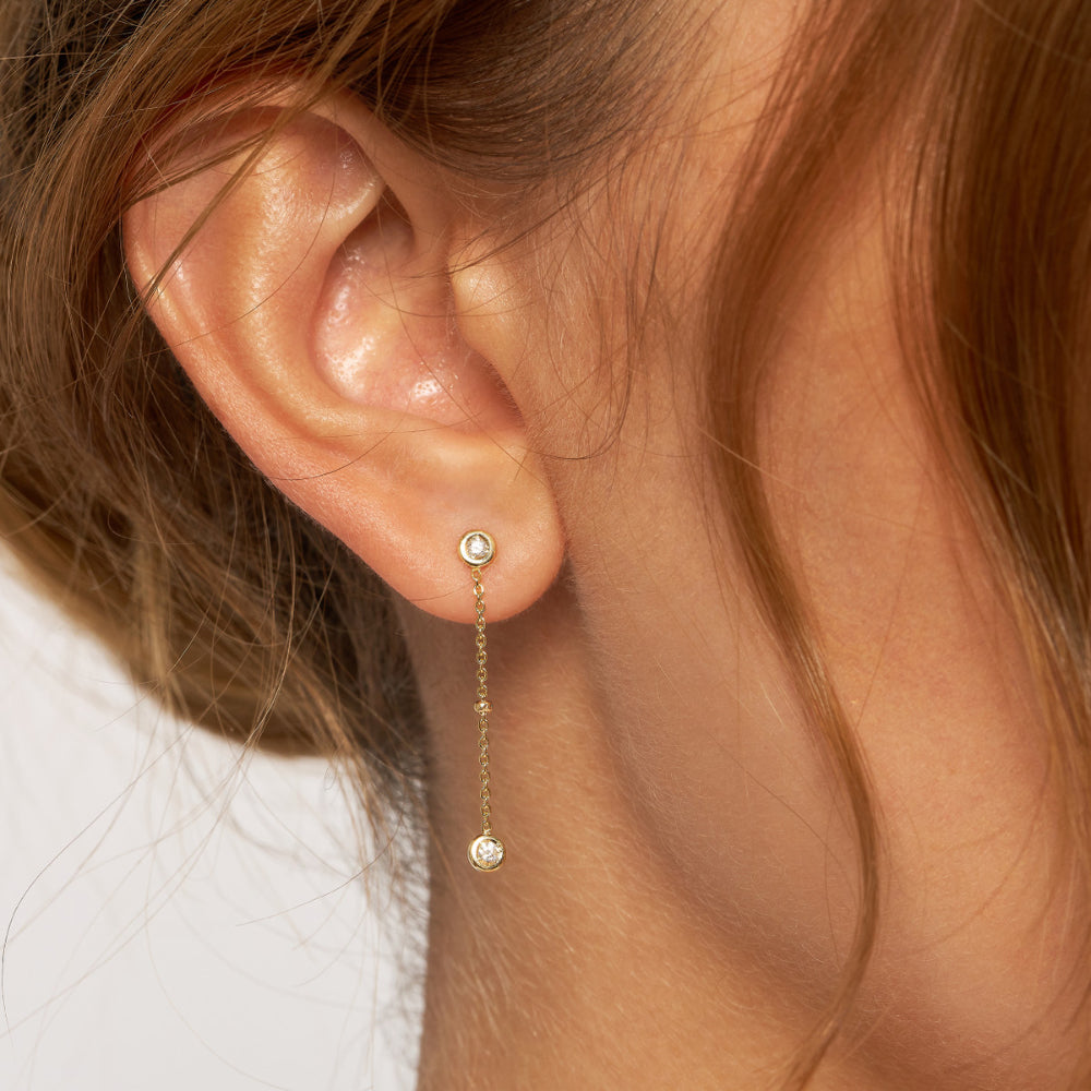 Gorgeous 14k Gold Drop Earrings Adorned with Diamond Bezels and Shining Beads