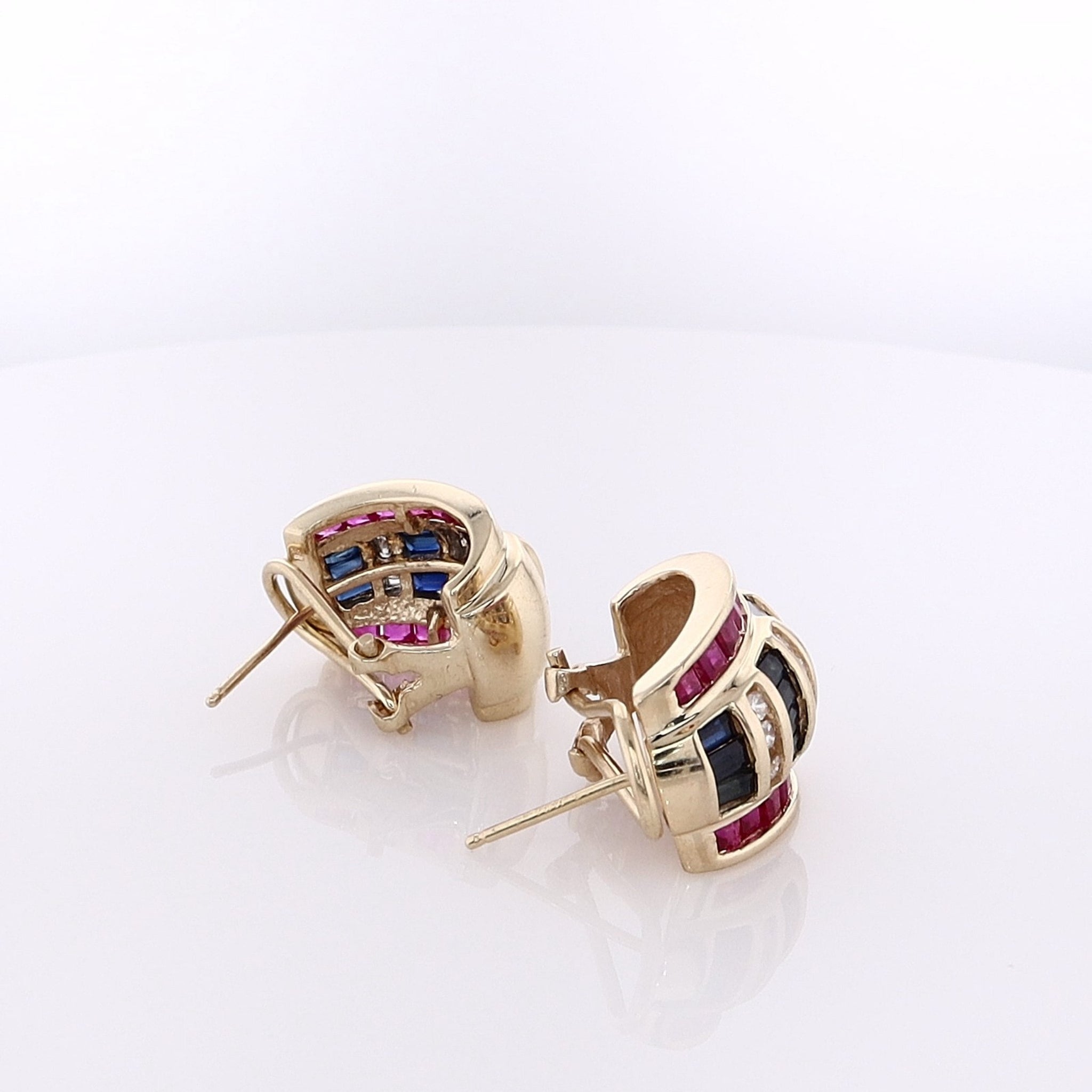 Exquisite Estate 14 Karat Yellow Gold Stud Earrings Embellished with Sapphires, Rubies, and Diamonds