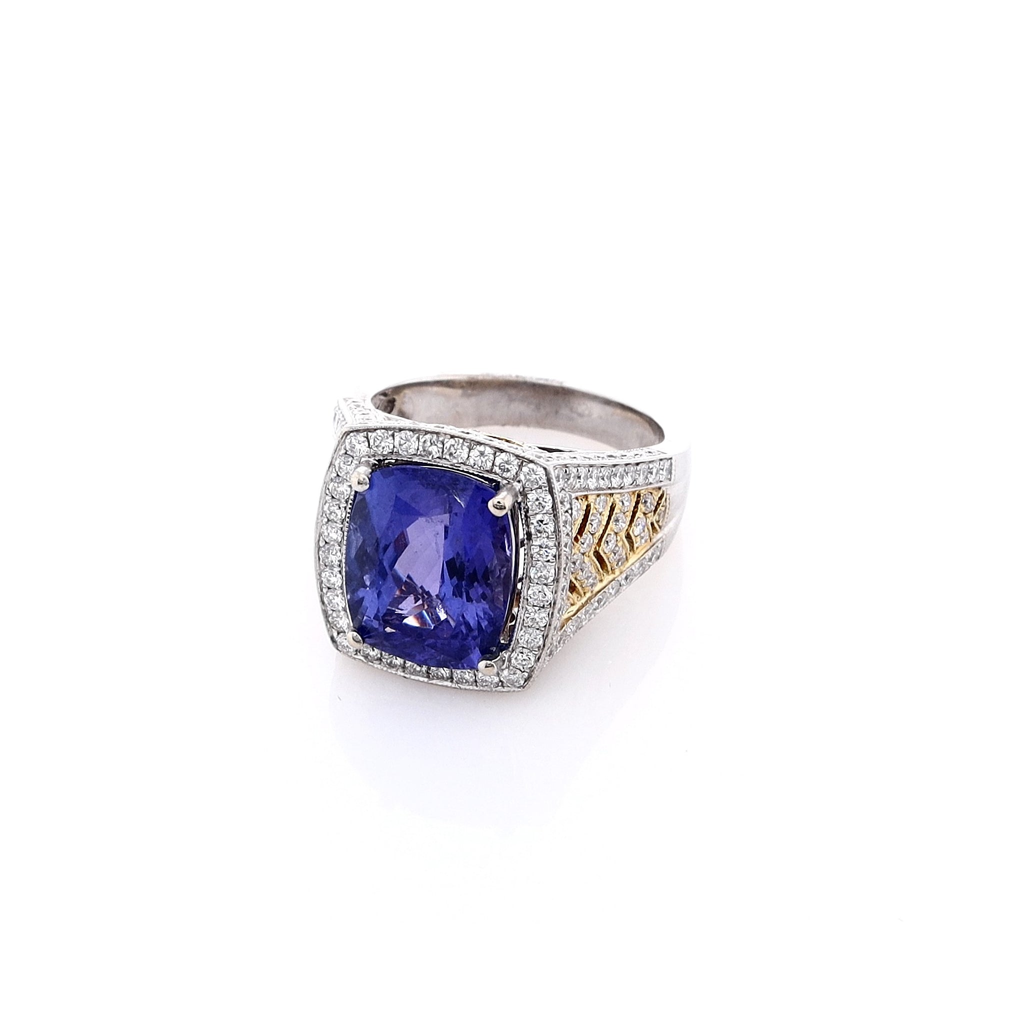 18k Gold Estate Two-Tone Cushion-Cut Purple Tanzanite and Round Brilliant Cut Diamond Halo Engagement Ring