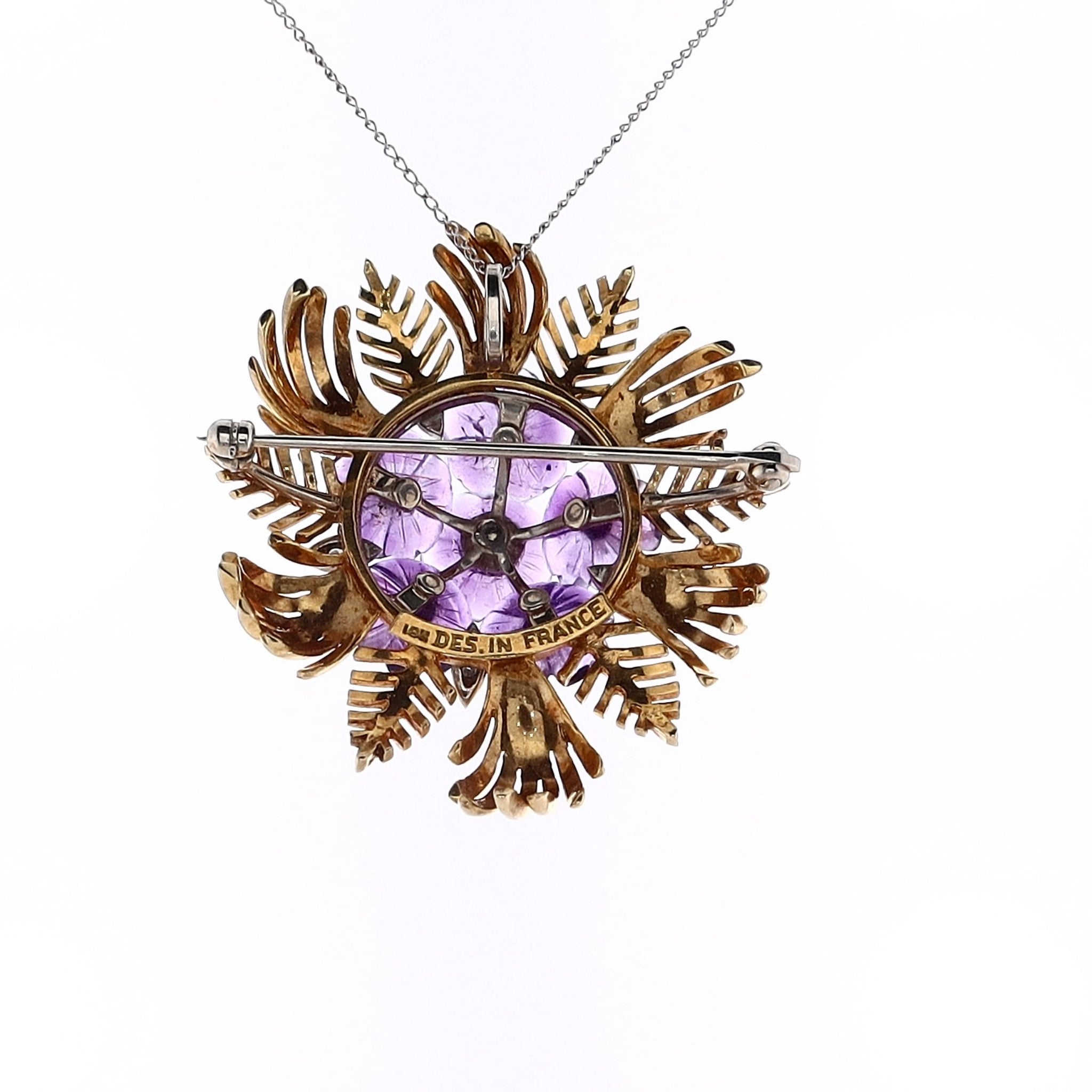 18K Yellow Gold Amethyst and Diamond Flower Design Brooch