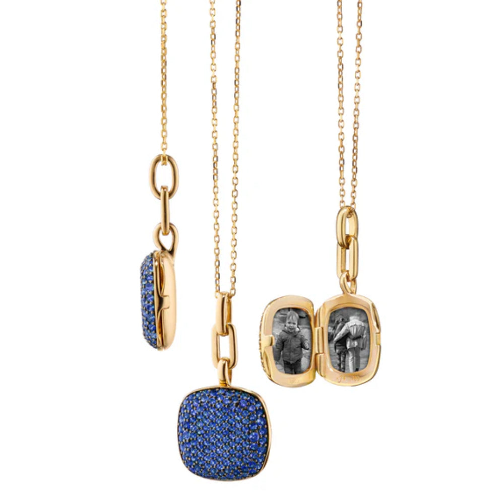 Monica Rich Kosann 18K Yellow Gold Slim Rae Locket Necklace with Pave Blue Sapphires