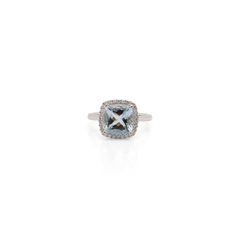 Stunning 14k White Gold Ring with 9x9mm Cushion Cut Aquamarine and Diamond Halo