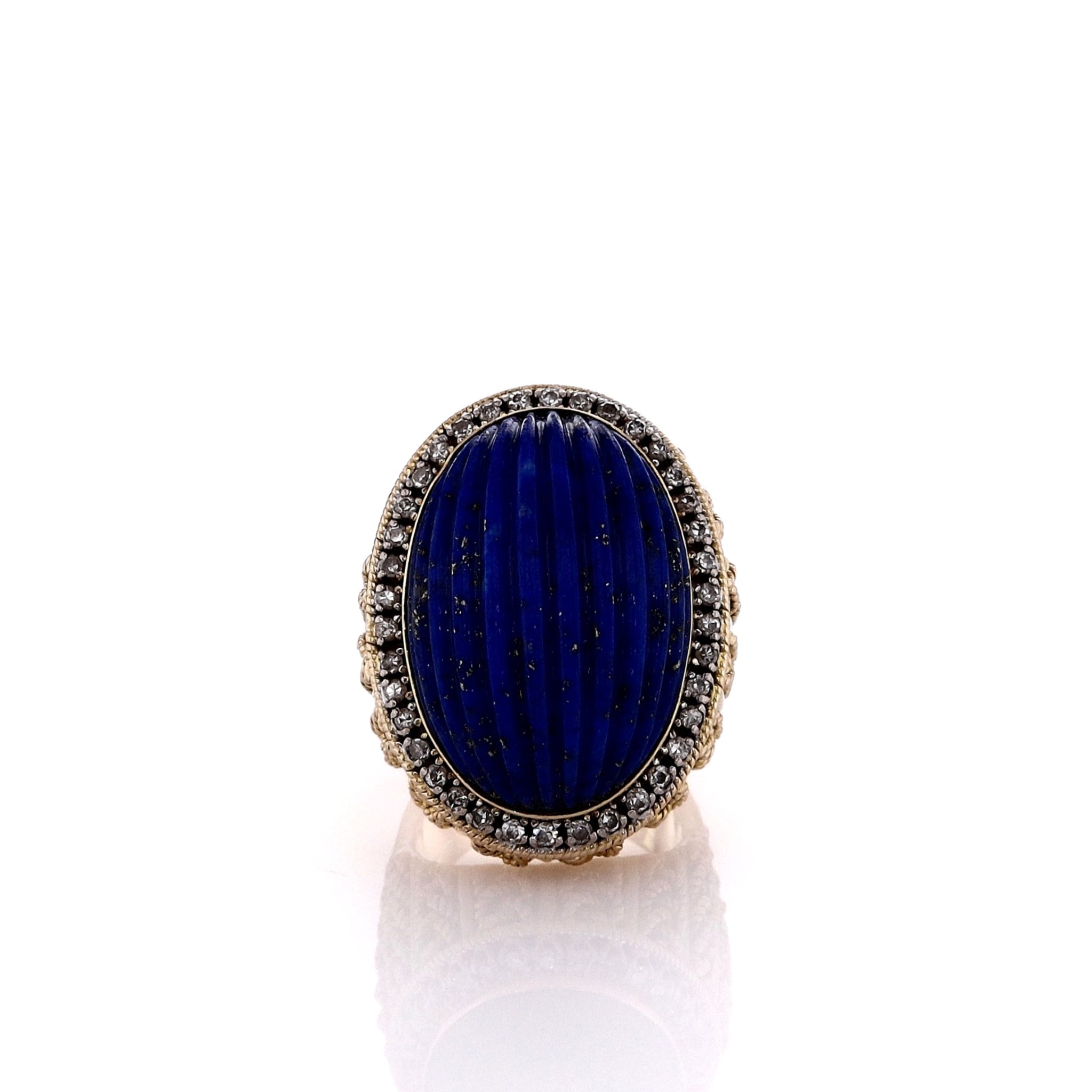 Exquisite Estate 14k Yellow Gold Jewelry - Carved Lapis and Diamond Halo Engagement Ring