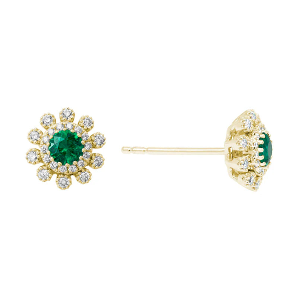 Gorgeous 14k Gold and Emerald Stud Earrings with Sparkling Diamonds