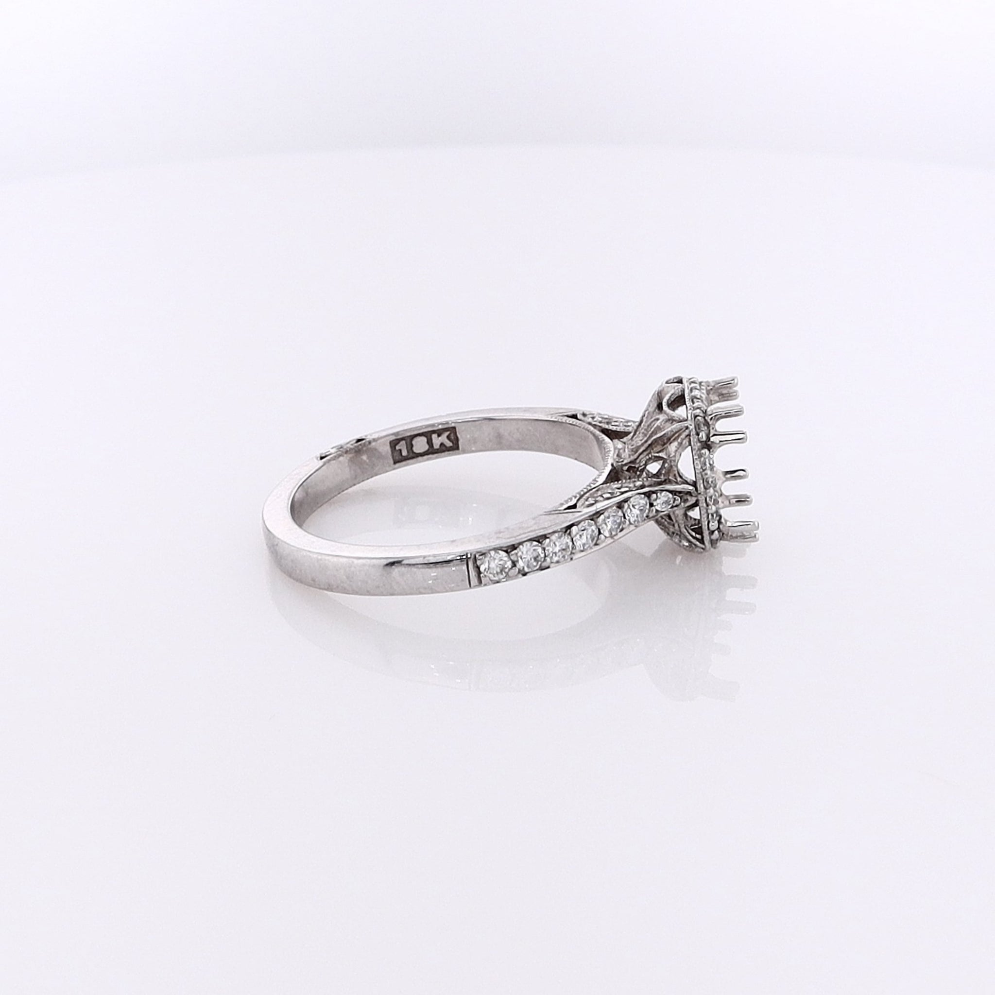 Tacori 18K White Gold 3-Sided Diamond Halo and Shank Ring Mounting, Size 7