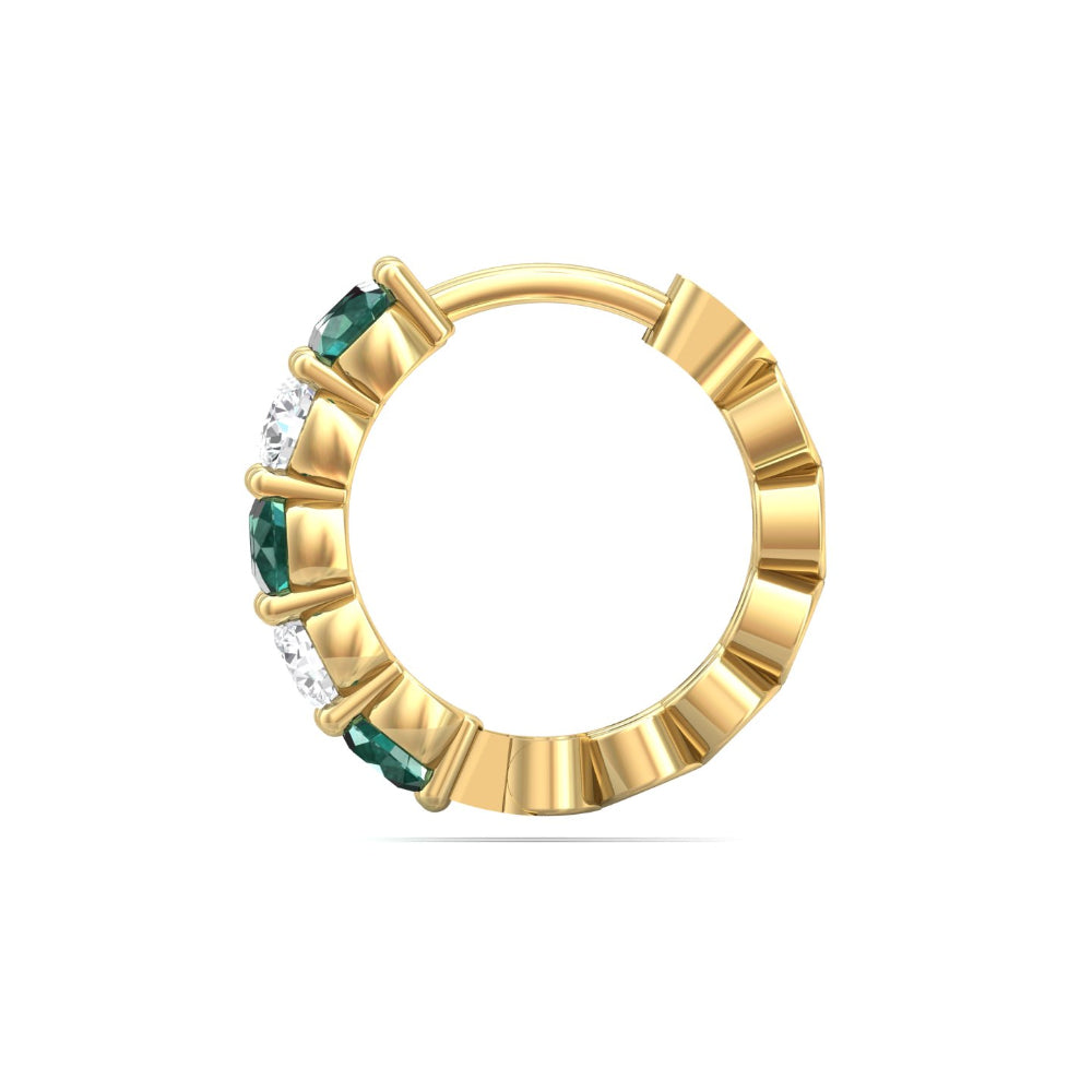 14k Yellow Gold Emerald and Diamond Hoop Earrings with Stunning Gemstones