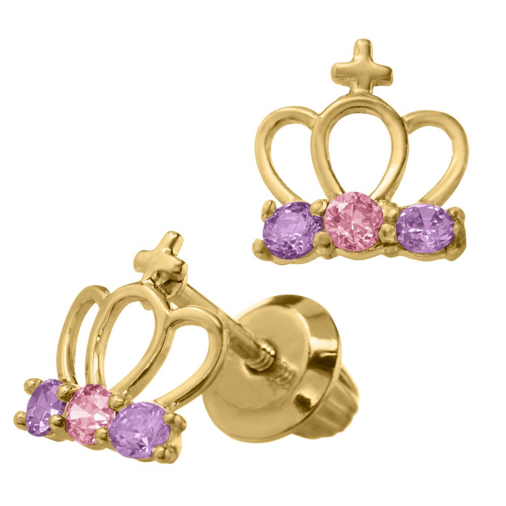14k Gold Children's Crown-Shaped Stud Earrings for Little Princesses