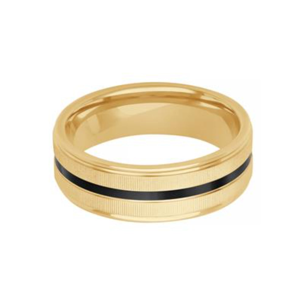 Men's Exquisite 14k Gold and Ceramic Carved Flat Wedding Band for Special Occasions