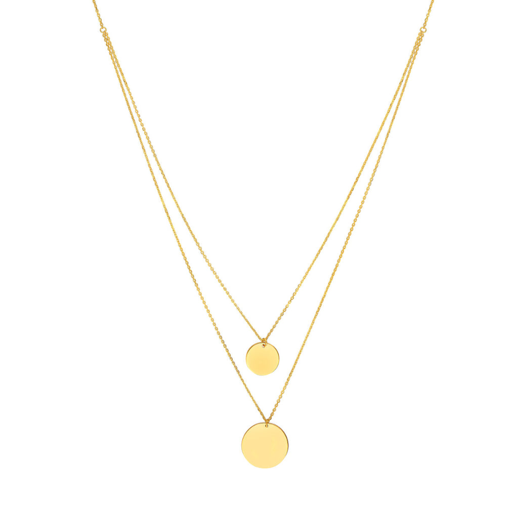 14k Yellow Gold Double Strand Disc Drop Duo Adjustable Necklace for a Boho Chic Look