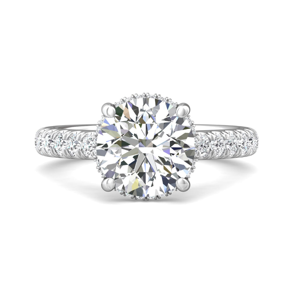 Exquisite 14k White Gold Martin Flyer Round Diamond Engagement Ring Featuring a Hidden Halo Design