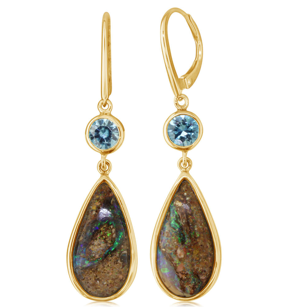 Stunning 14k Gold Earrings with Australian Boulder Opals and 5 mm Round Blue Zircons
