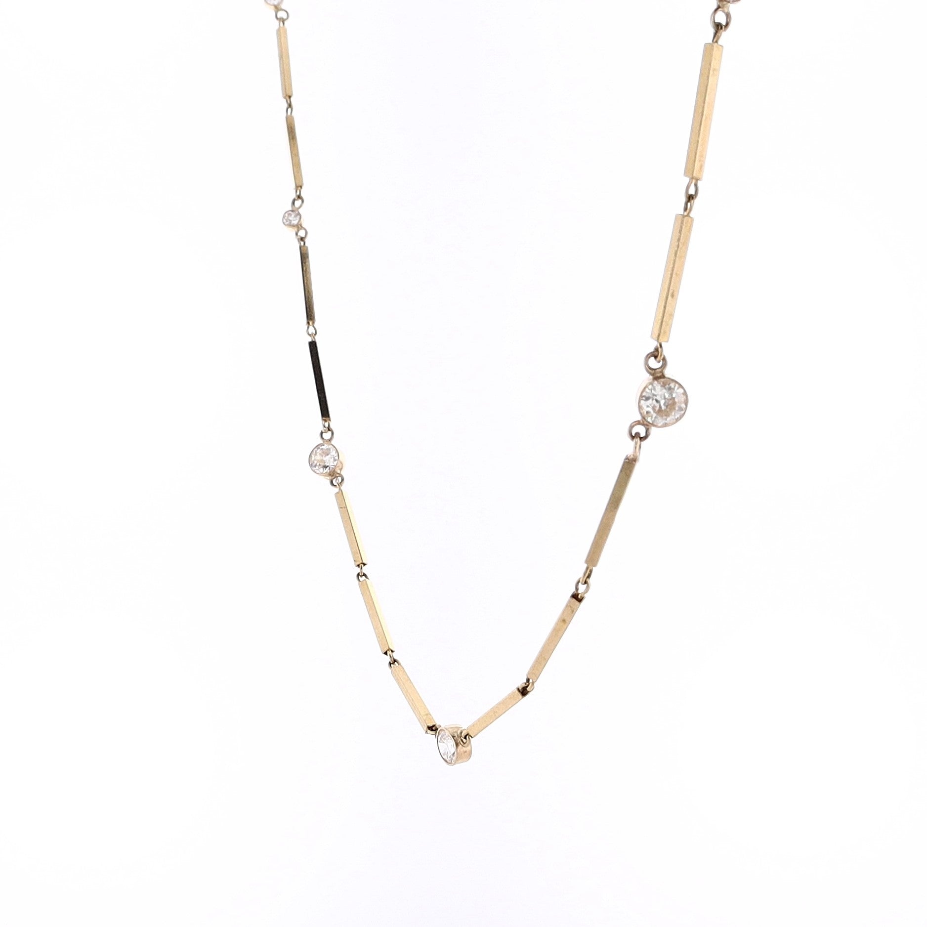 14K Yellow Gold 7-Station Diamond Rectangular Bar Link Necklace for Elegance