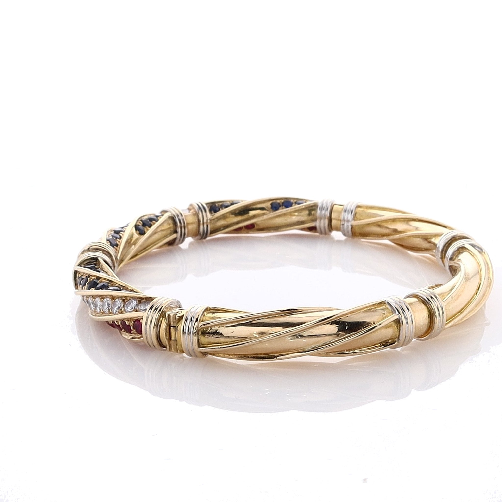 18k Two Tone Sapphire, Ruby & Diamond Luxury Bangle Bracelet