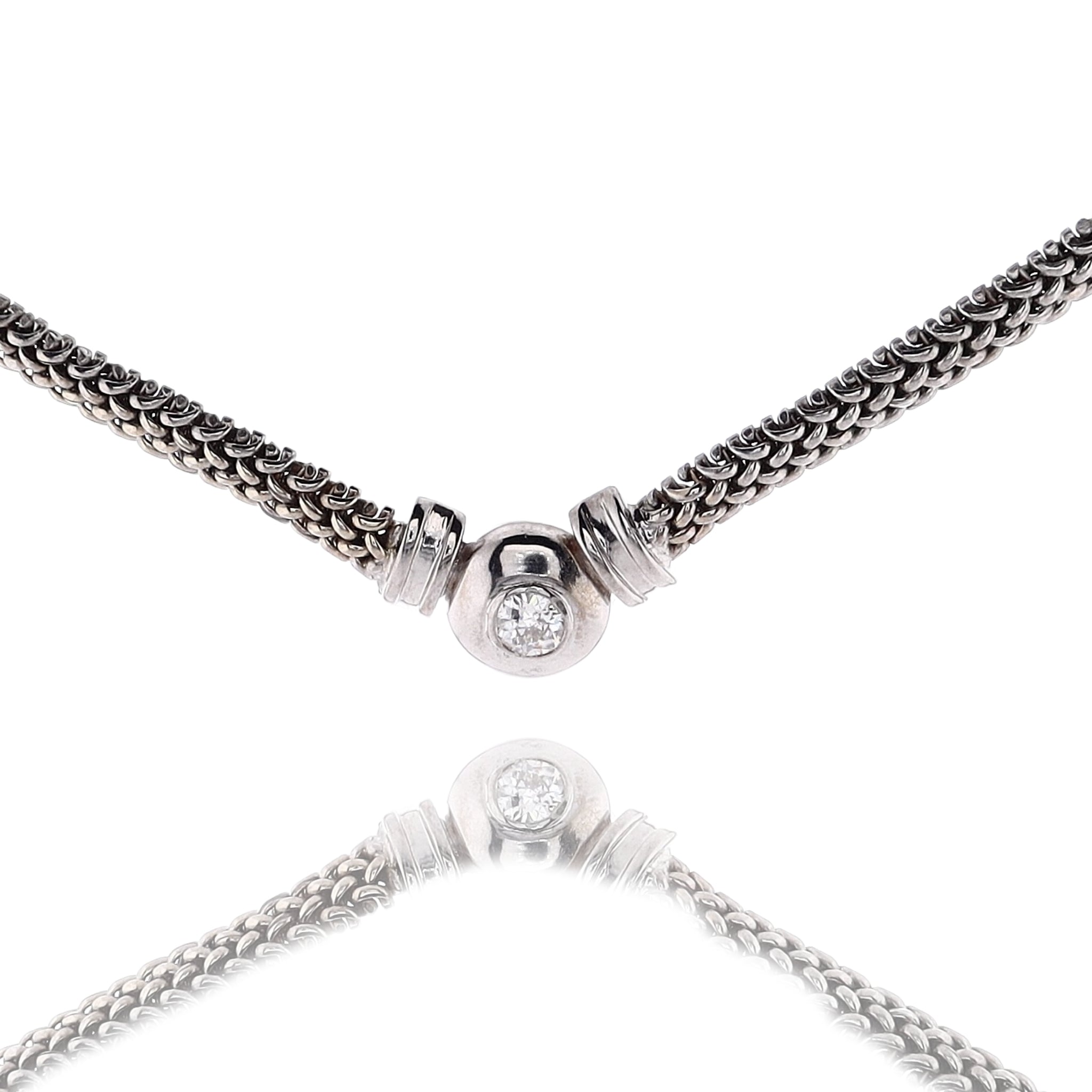 14K White Gold Domed Wheat Chain Necklace with Bezel - Set 0.45ct Diamond
