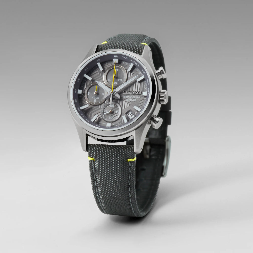 Seiko Men's Essentials Collection Chronograph Watch - Grey Dial and Strap with Yellow Accents (SSB423)