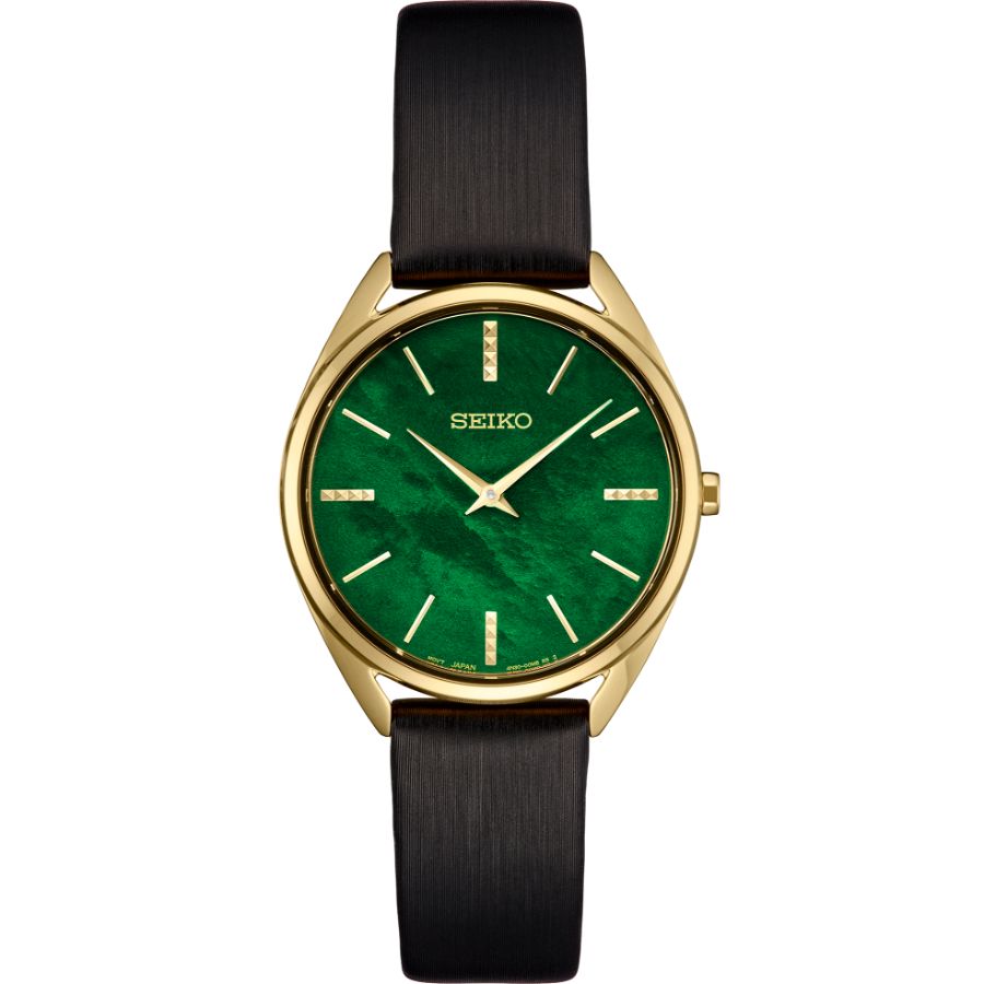 Seiko Men's Essentials 32mm Quartz Watch with Green Mother of Pearl Dial and Black Faux Leather Strap