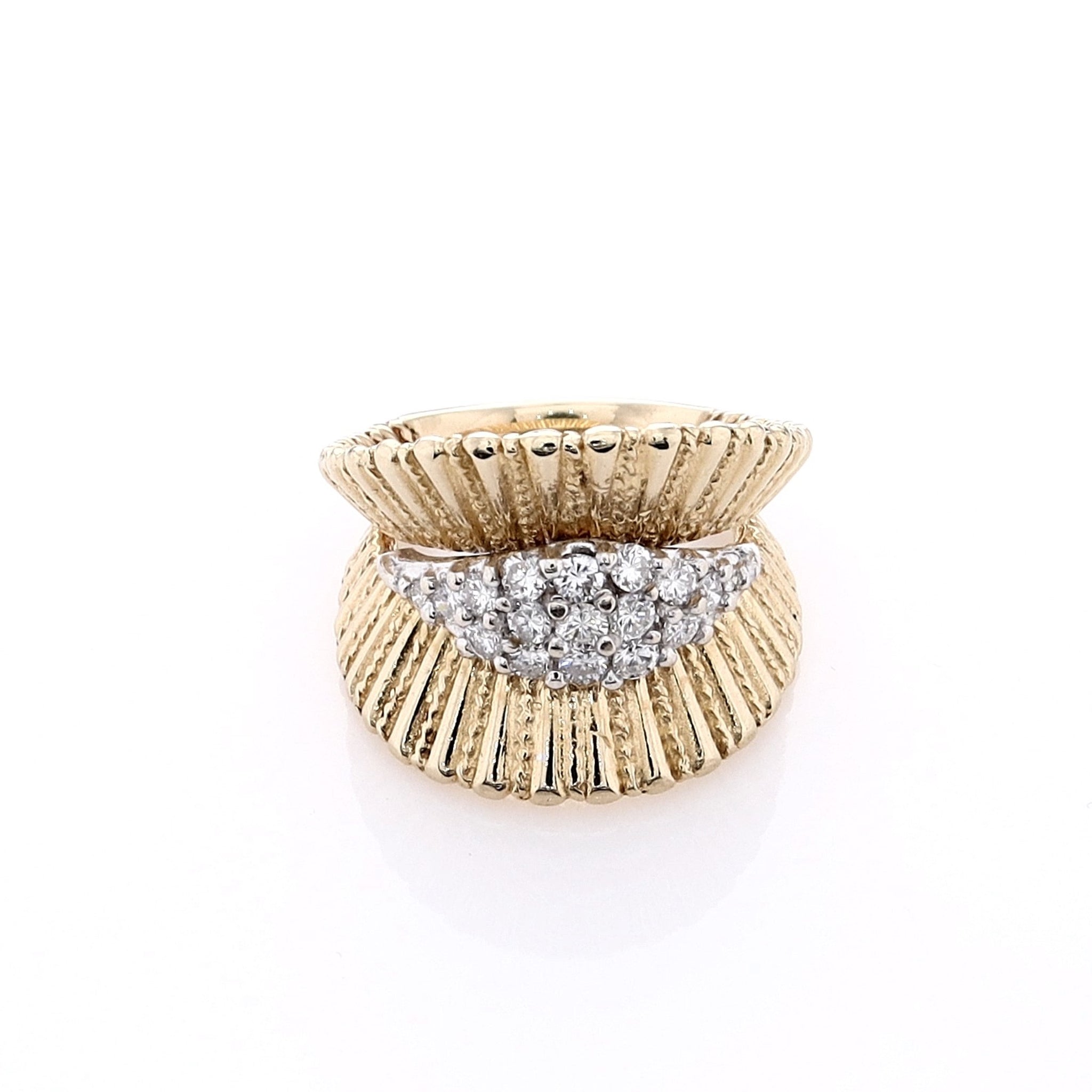 14k Two Tone Estate Carousel Diamond Ring with Pave Center and Ribbed Concave Design, a Stunning Jewelry Piece
