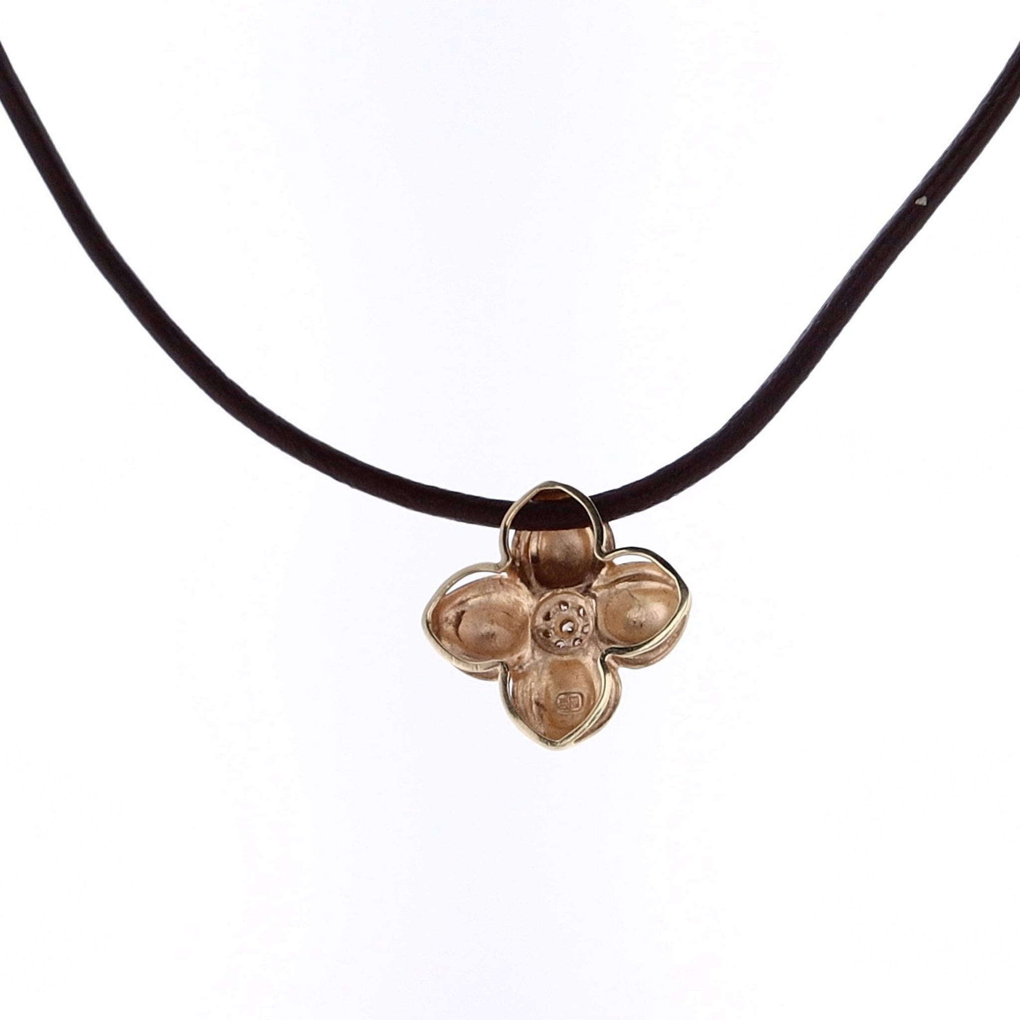 14K Yellow Gold Flower Diamond Pendant with Adjustable Brown Leather Cord Necklace