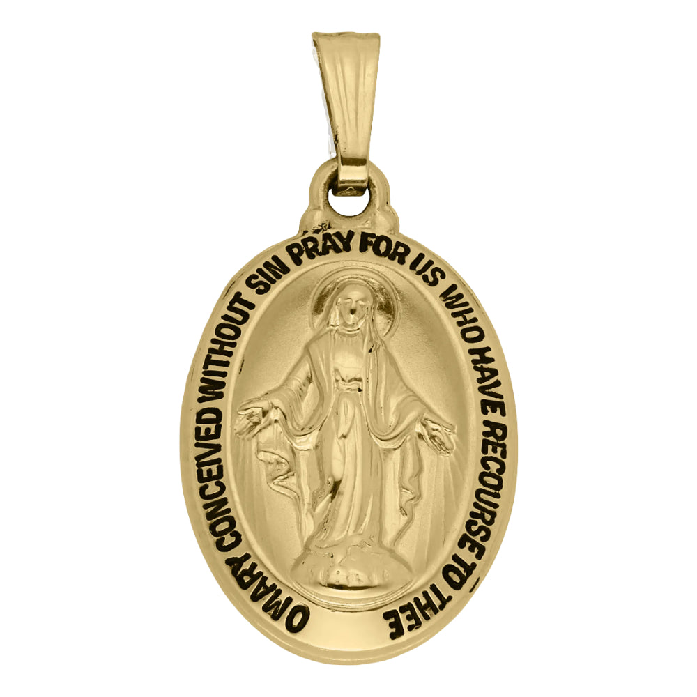 14k Yellow Gold Miraculous Medal with 18-Inch Chain and Black Ink Finish