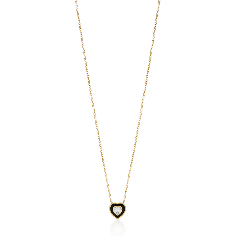 Rachel Reid 14K Yellow Gold Black Enamel and Heart - Shaped White Topaz Heart - Shaped Pendant Necklace