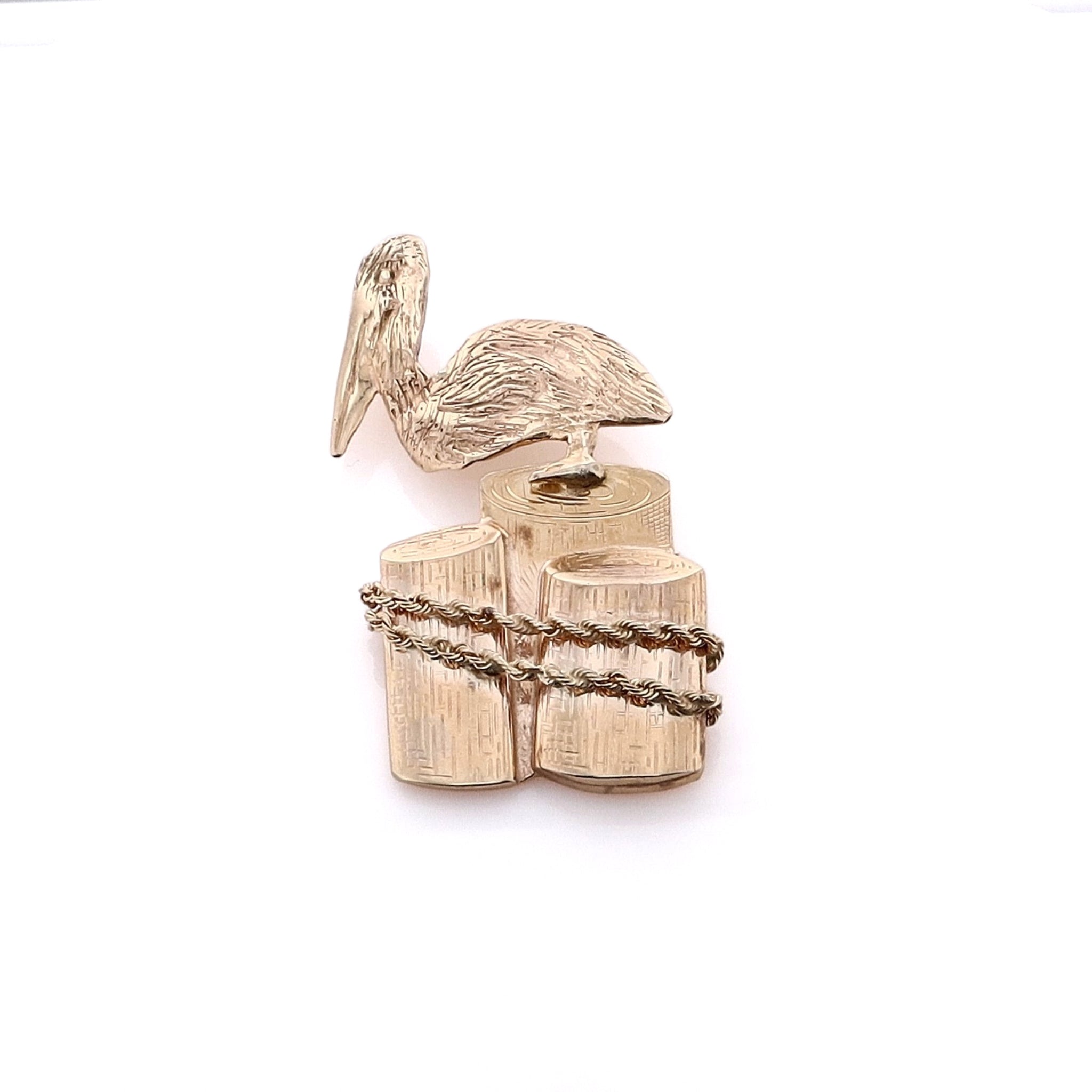 14 Karat Estate Yellow Gold Brooch with Pelican on Wood Pier Pilings