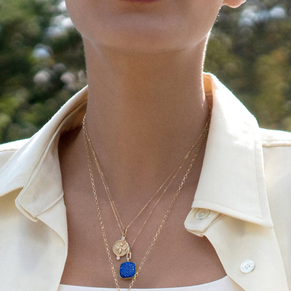 Monica Rich Kosann 18K Yellow Gold Slim Rae Locket Necklace with Pave Blue Sapphires