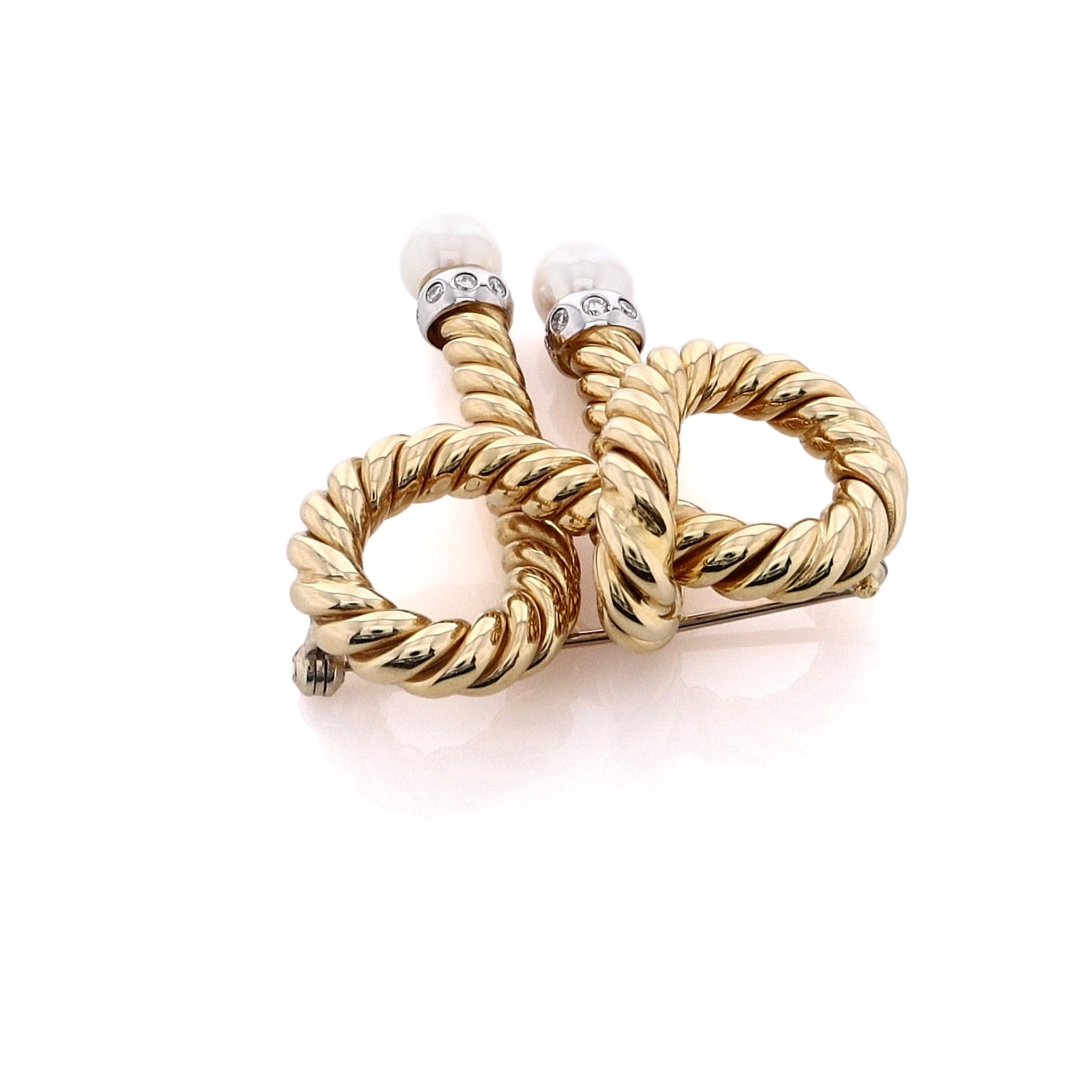Estate 18 Karat Yellow Gold Decorative Knotted Rope Design Pearl and Diamond Lapel Pin