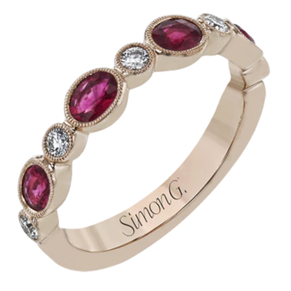 Simon G. Exquisite 18k Rose Gold Ring with Ruby and Diamond Band for Women