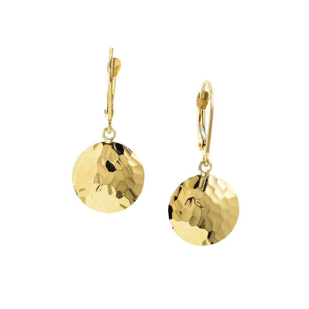 Stylish 14k Yellow Gold Hammered Disc Lever Back Earrings