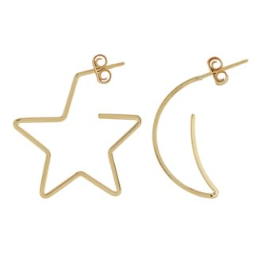 Gorgeous 14k Yellow Gold Hoop Earrings Featuring Moon and Star Designs