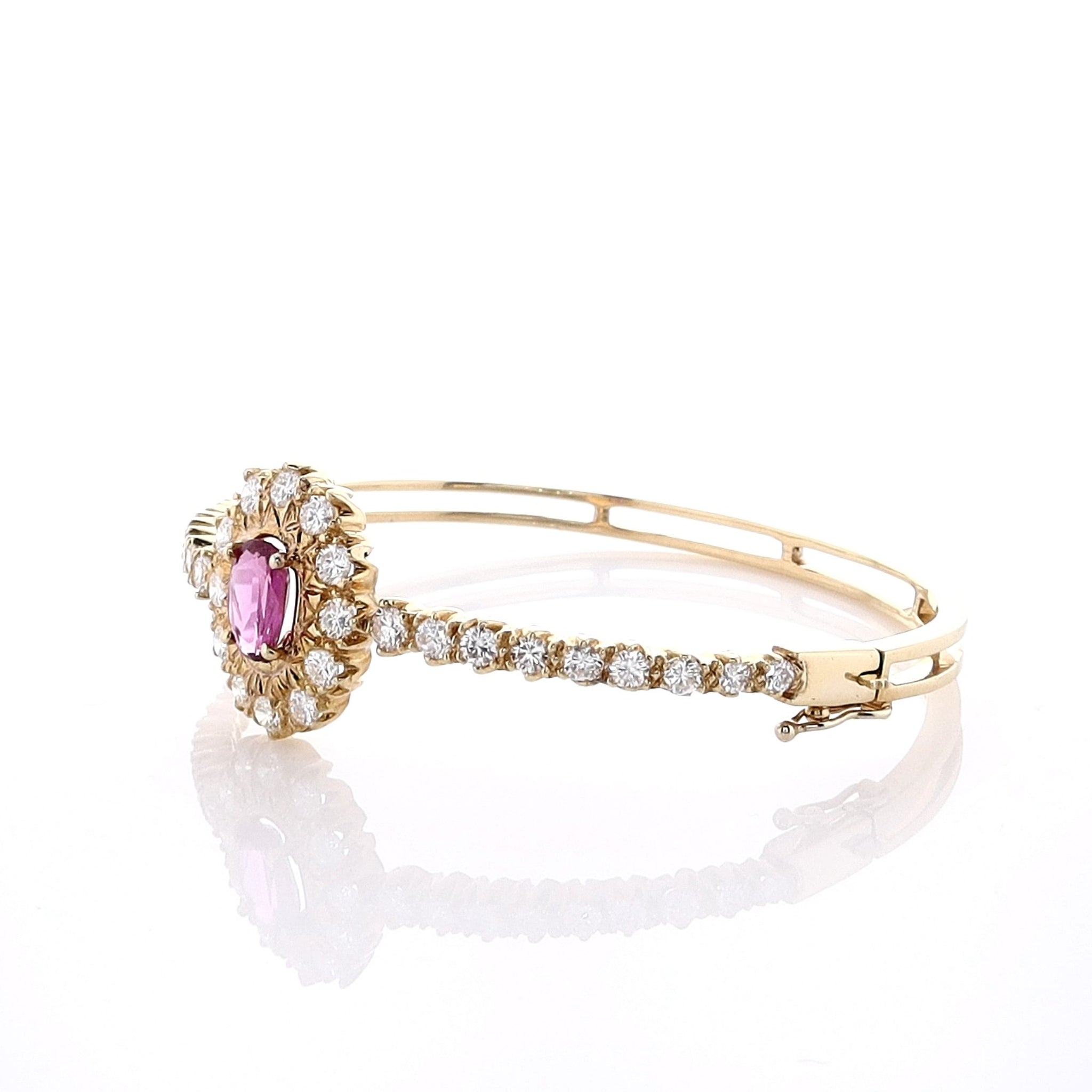 Estate 18k Yellow Gold Hinged Oval Pink and Purple Sapphire with Diamond Halo Bangle Bracelet for Jewelry Lovers