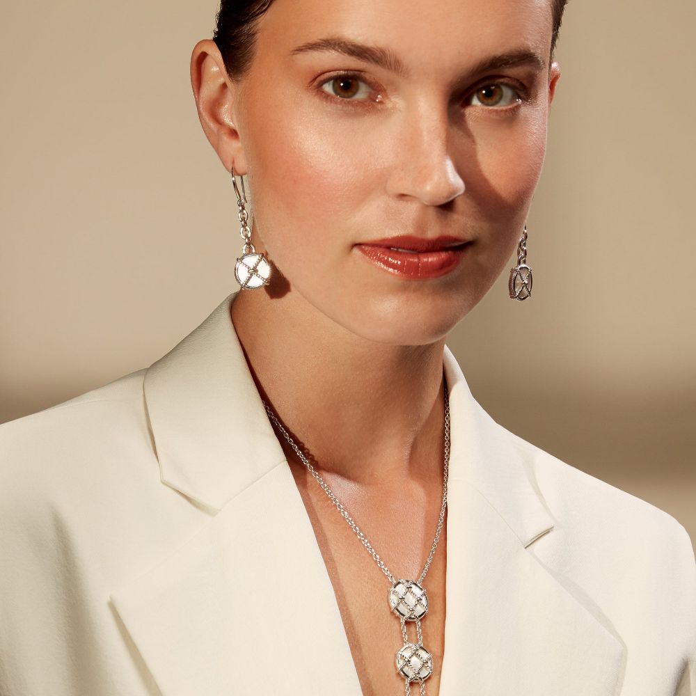 Judith Ripka Exquisite Long Drop Earrings from the Isola Collection with Mother-of-Pearl Embellishments