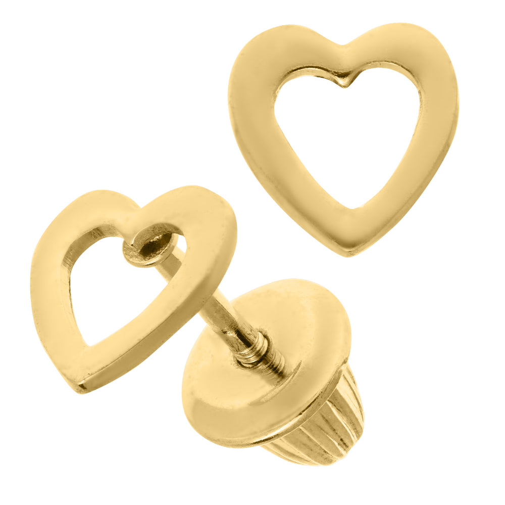 Adorable 14k Gold Open - Heart Design Children's Earrings with Screw - Back Posts