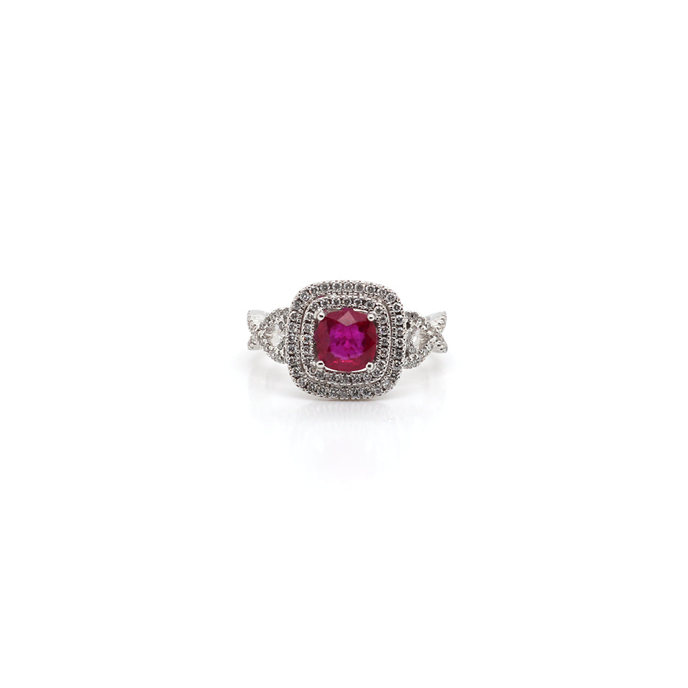 Exquisite 18k White Gold Double Halo Ruby Ring