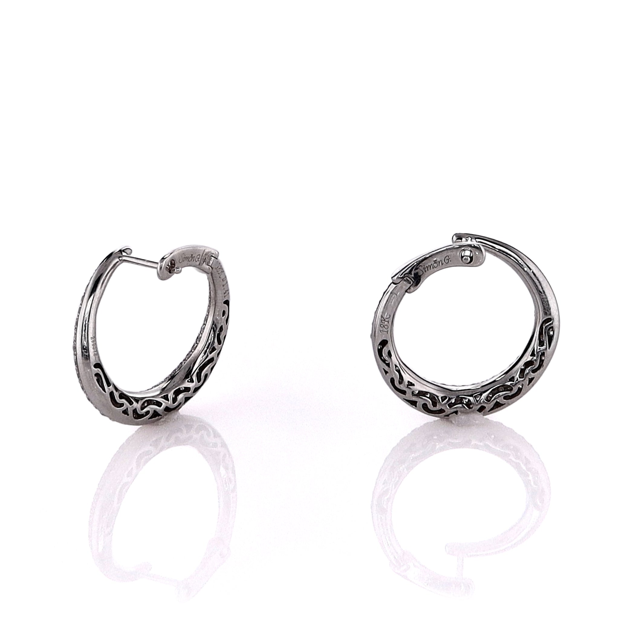 Simon G Estate 18k White Gold Tapered Diamond Hoop Earrings with High - Polish Finish
