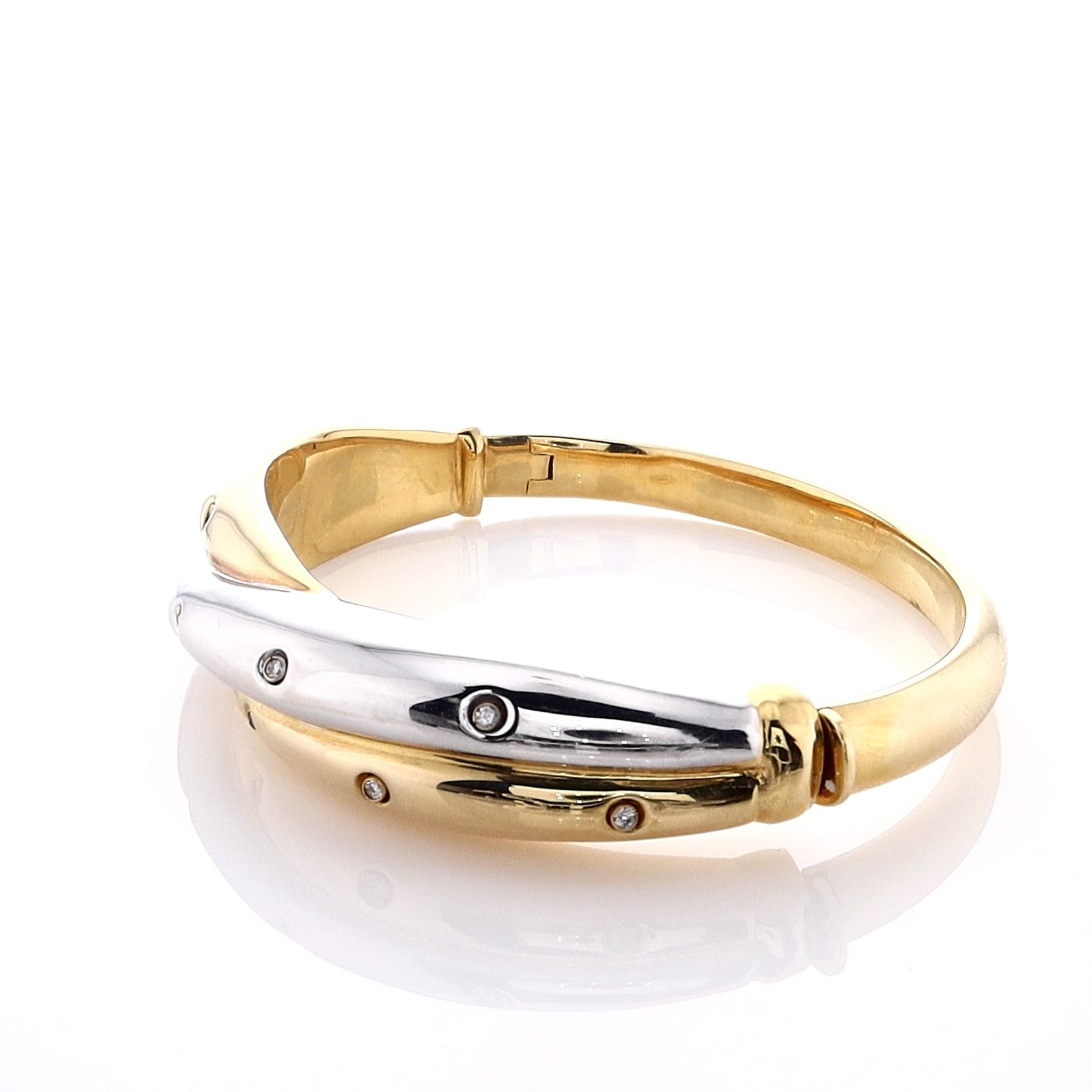 18k Estate Two Tone Hinged Criss Cross Top Diamond Bangle Bracelet for Women