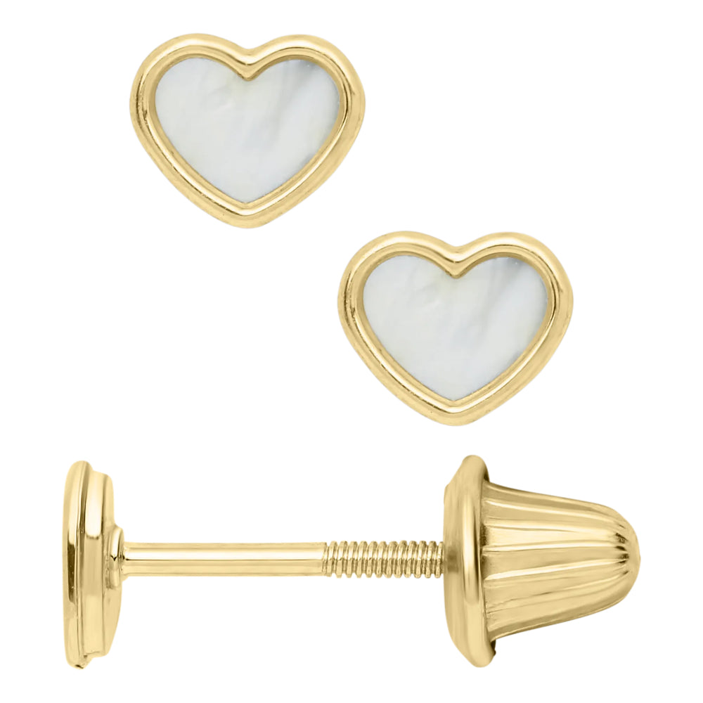 14k Gold-Framed Luminescent Mother of Pearl Heart Stud Earrings for Children