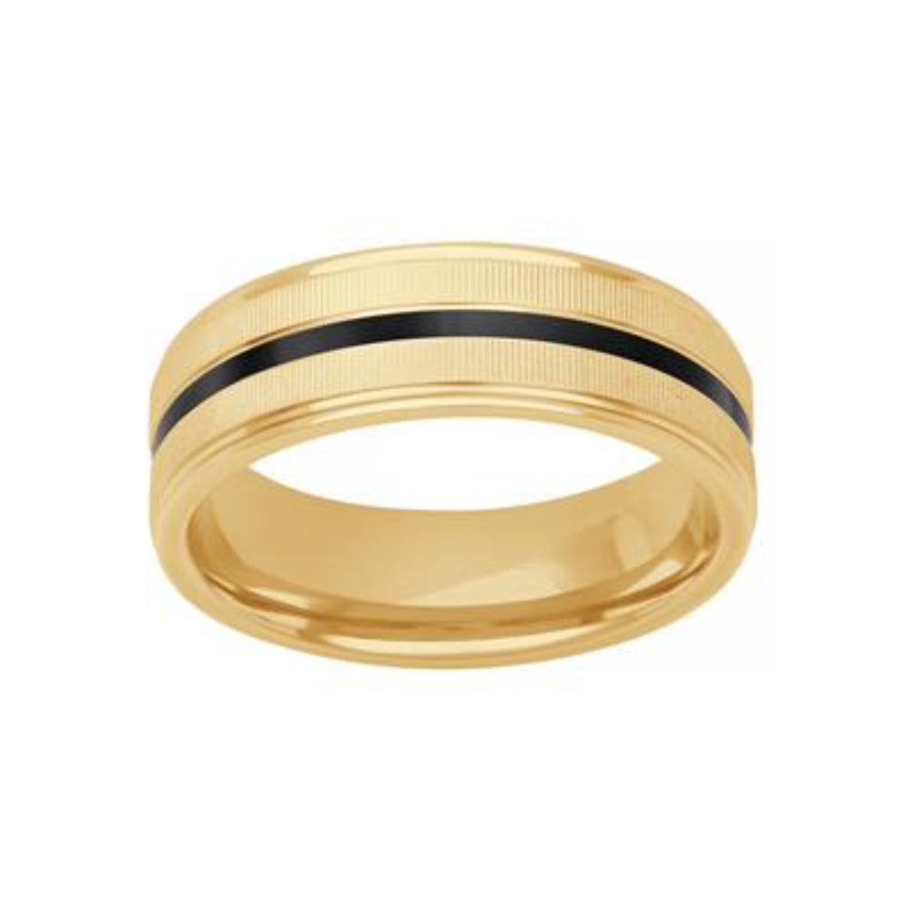 Men's Exquisite 14k Gold and Ceramic Carved Flat Wedding Band for Special Occasions