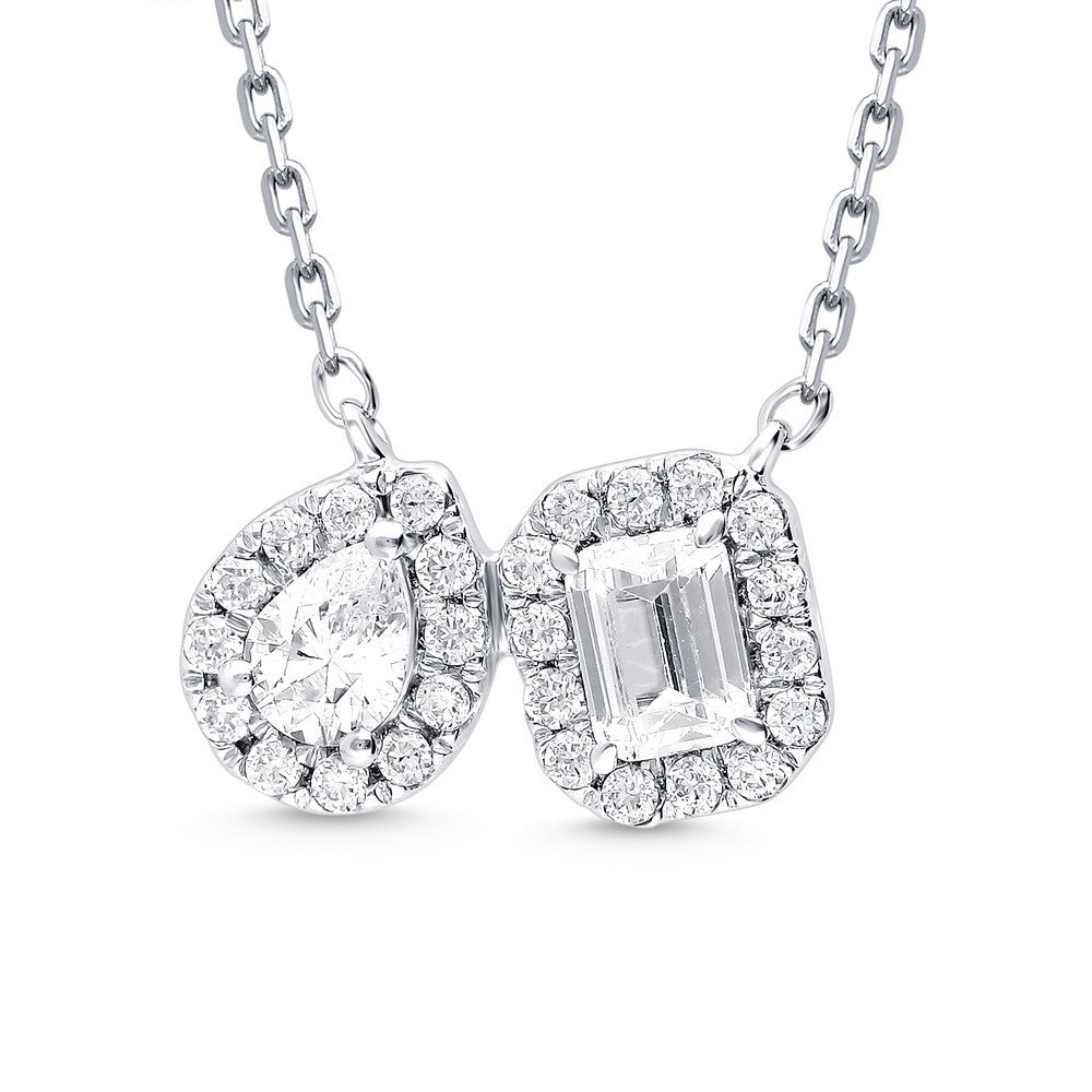 14k White Gold Diamond Pendant Necklace with Pear, Emerald and Round Cut Diamonds