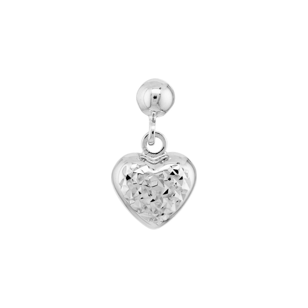 14k White Gold Diamond-Cut Puffed Heart Dangle Earrings for Timeless Style