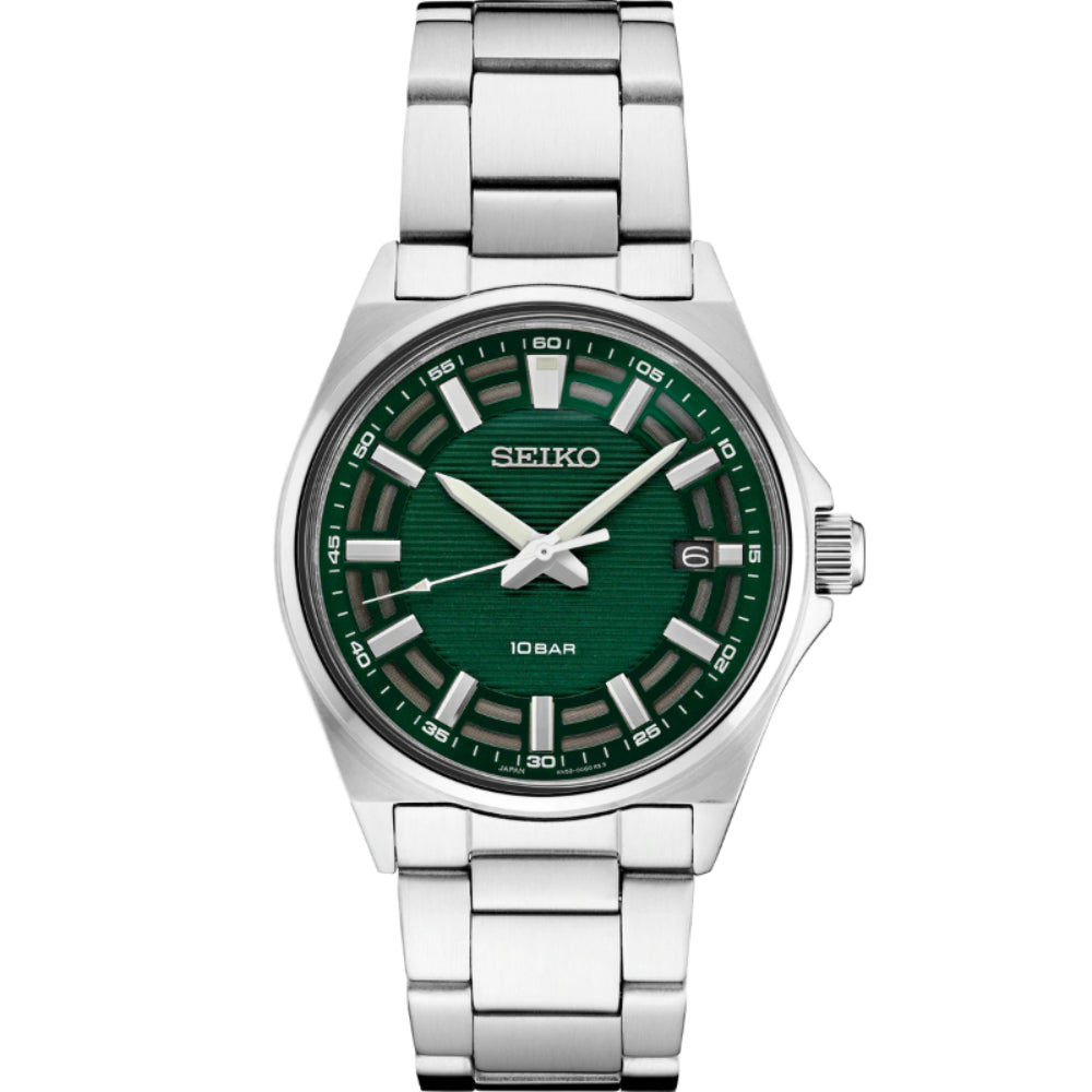 Seiko 40mm Stainless Steel Quartz Watch with Green Dial from Essentials Collection