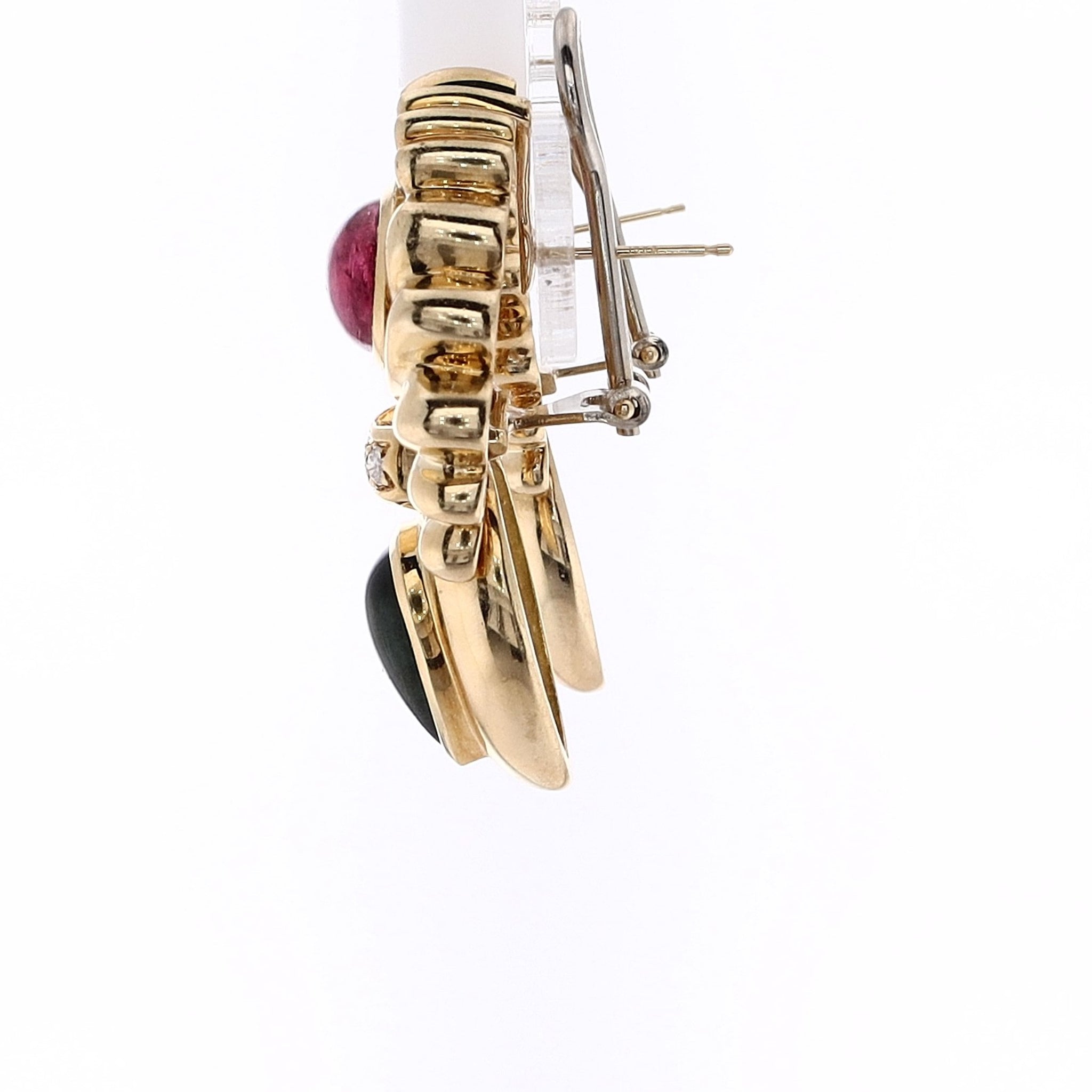 Exquisite Estate 18k Yellow Gold Stud Earrings Featuring Cabochon Tourmaline and Diamond Accents