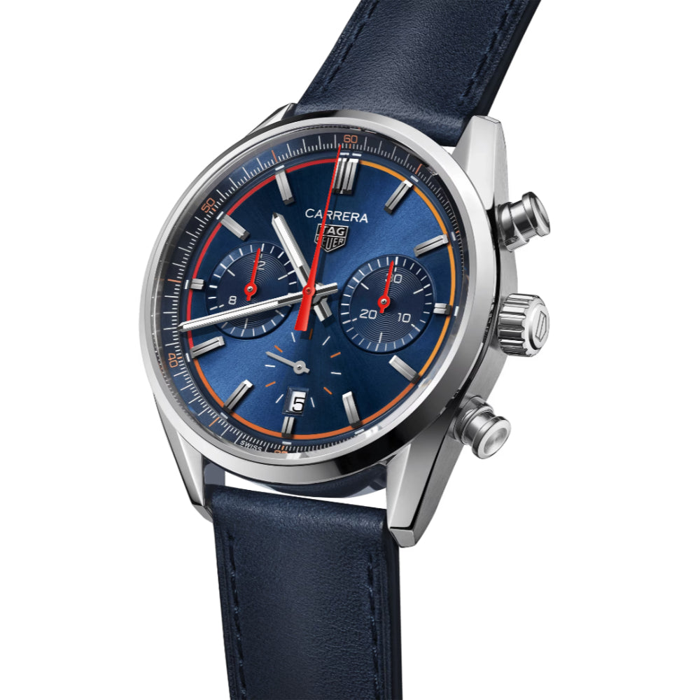 Tag Heuer Carrera 42mm Automatic Chronograph Watch with Striking Blue Design and Orange Accents