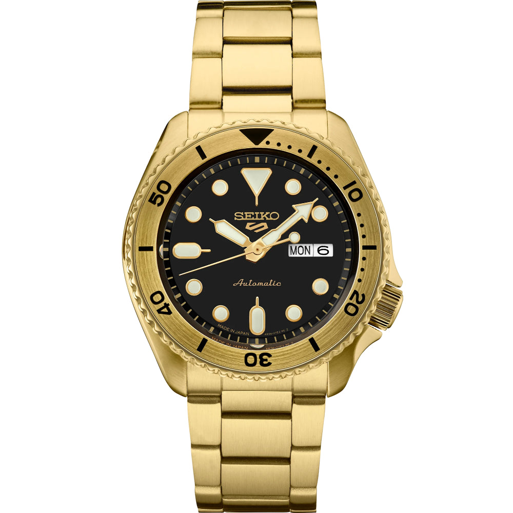 Seiko 5 Sport 38mm Automatic Gold Colored Watch with Black Dial SRPK18 - A Stylish and Versatile Timepiece