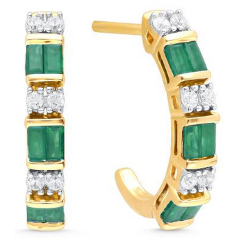 Stunning 14k Yellow Gold Emerald Half Hoop Earrings with Diamonds