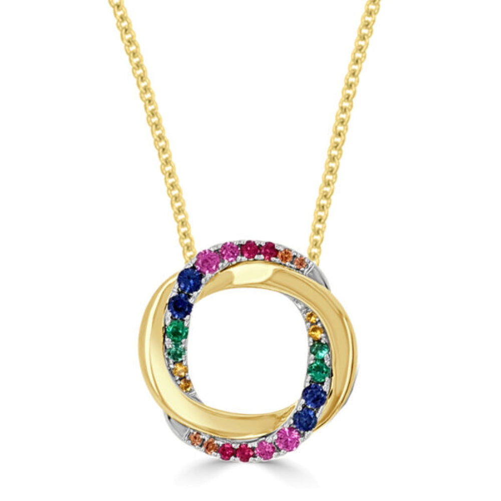14k Yellow Gold Small Halo Twisted Rainbow Sapphires Pendant with Emerald
