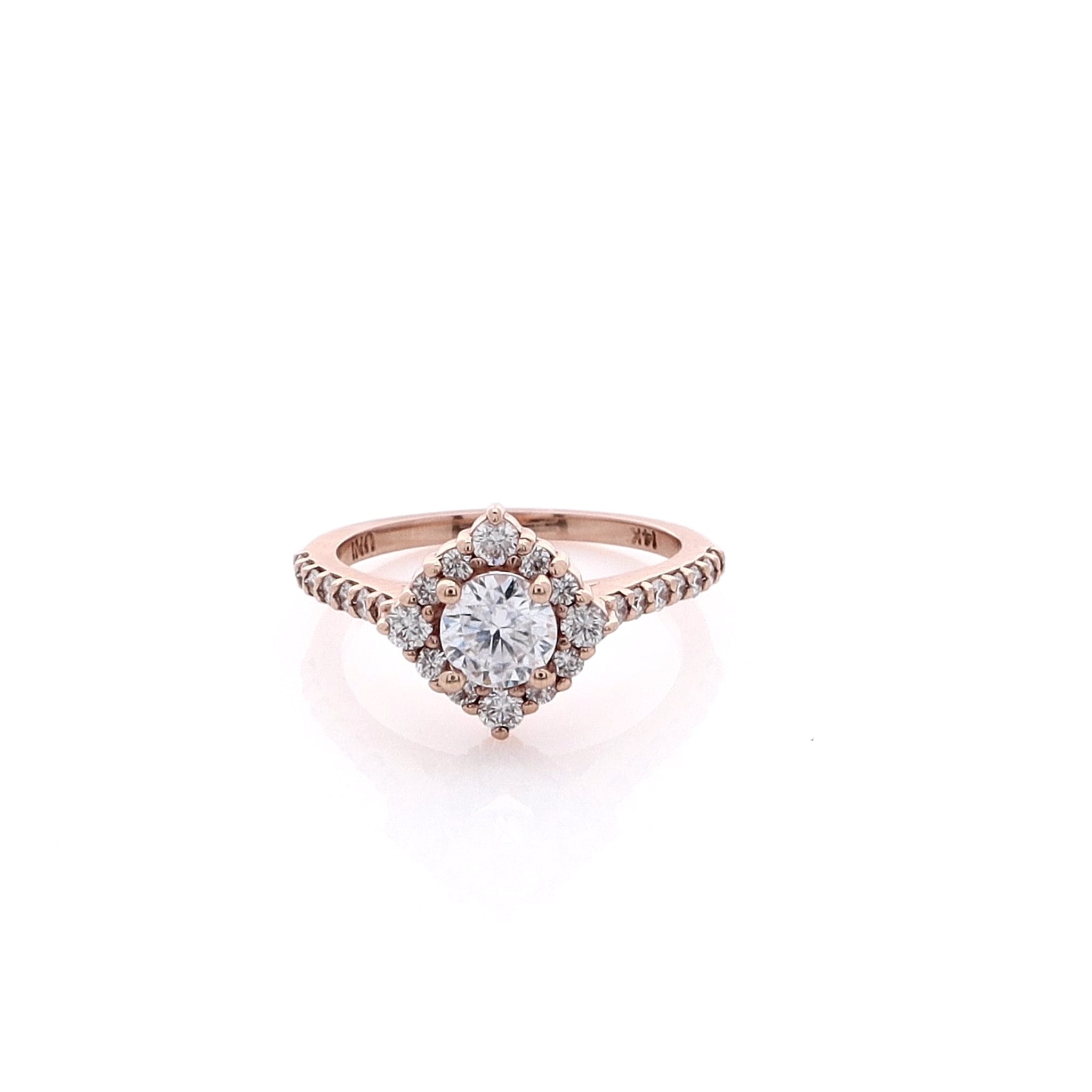 14 Karat Rose Gold Engagement Ring with Semi Pave Diamond Halo and Cubic Zirconium Center
