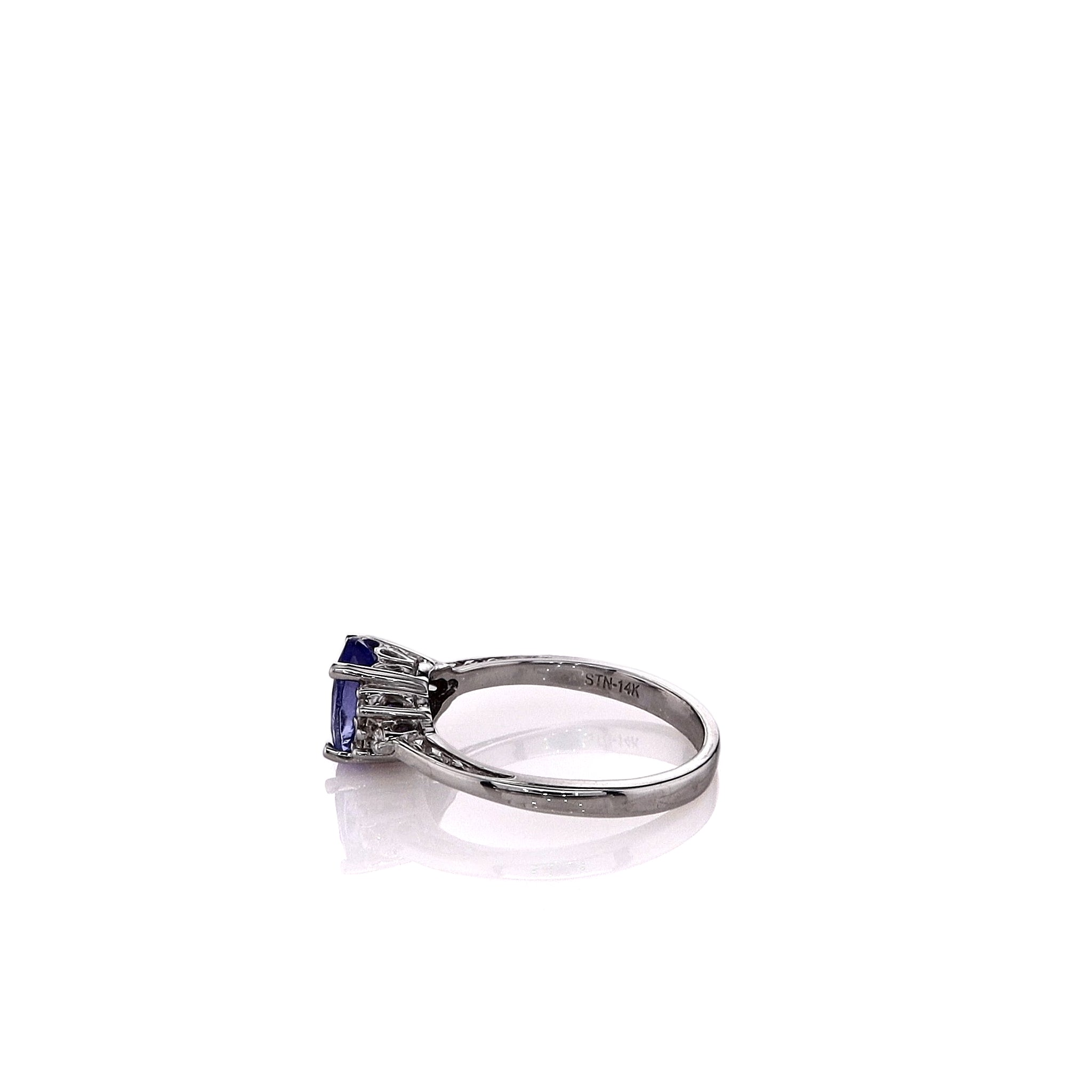 14k White Gold Ring with Purple Oval Tanzanite and Brilliant Cut Diamonds
