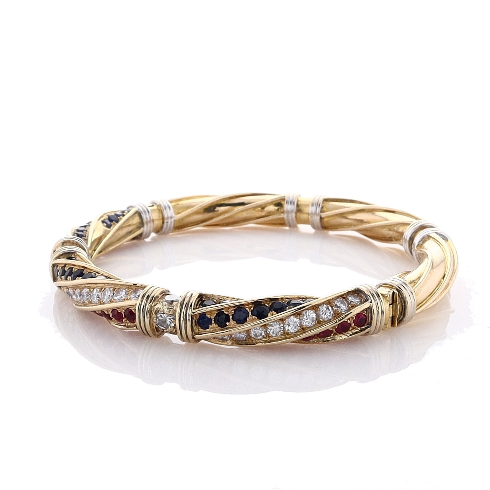 18k Two Tone Sapphire, Ruby & Diamond Luxury Bangle Bracelet